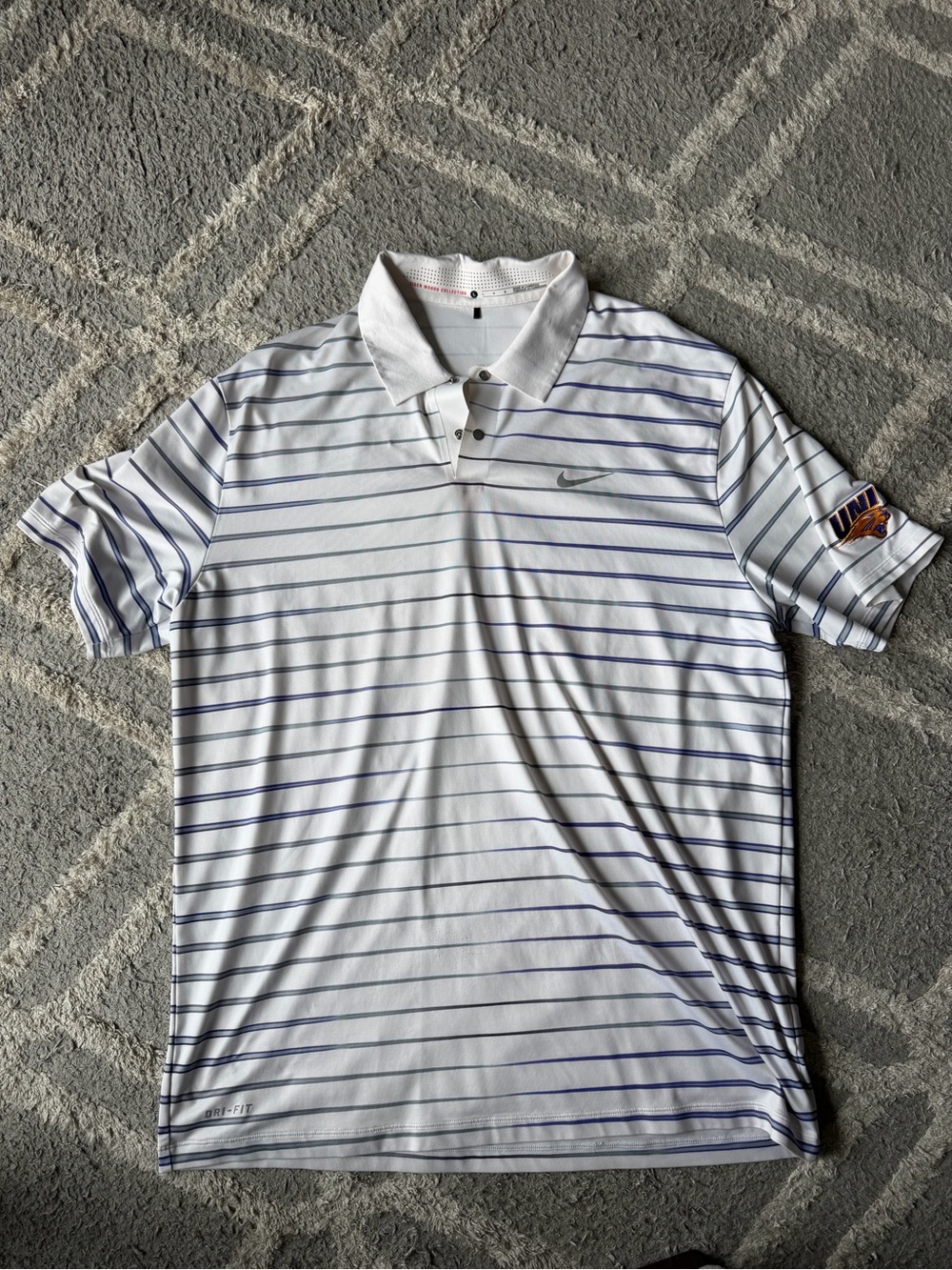 Nike White Polo with Thin Blue Stripes and Logo Patch